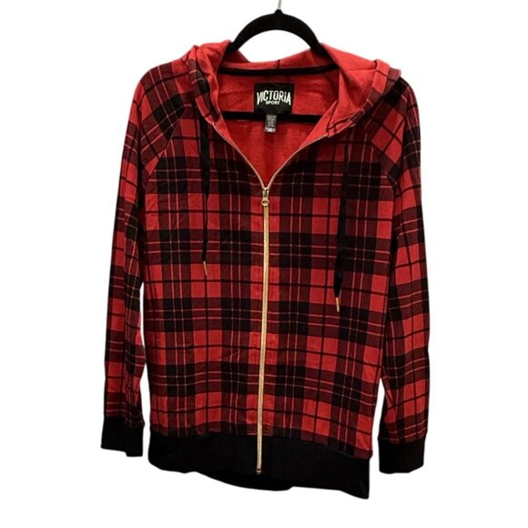 Victoria Sport Tops - Victoria Sport Red Black Plaid Zip Hoodie Jacket XS Womens Lightweight Layering